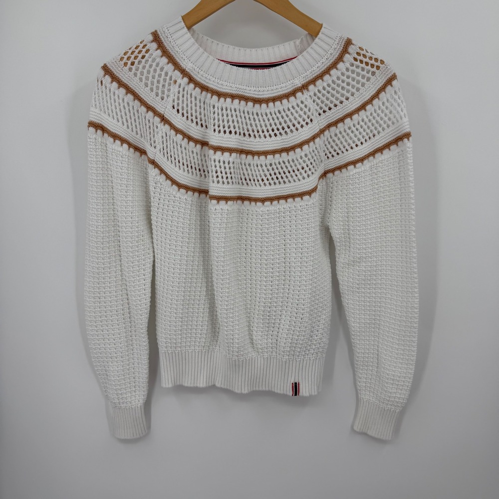 Hunter Womens White Cotton Knit Crochet Yoke Sweater Tan Stripe Med Preppy Boho